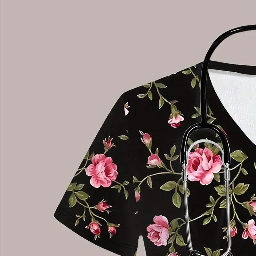 Scrubs Floral V-Neck Nurses Women's Top - Picture 3 of 5